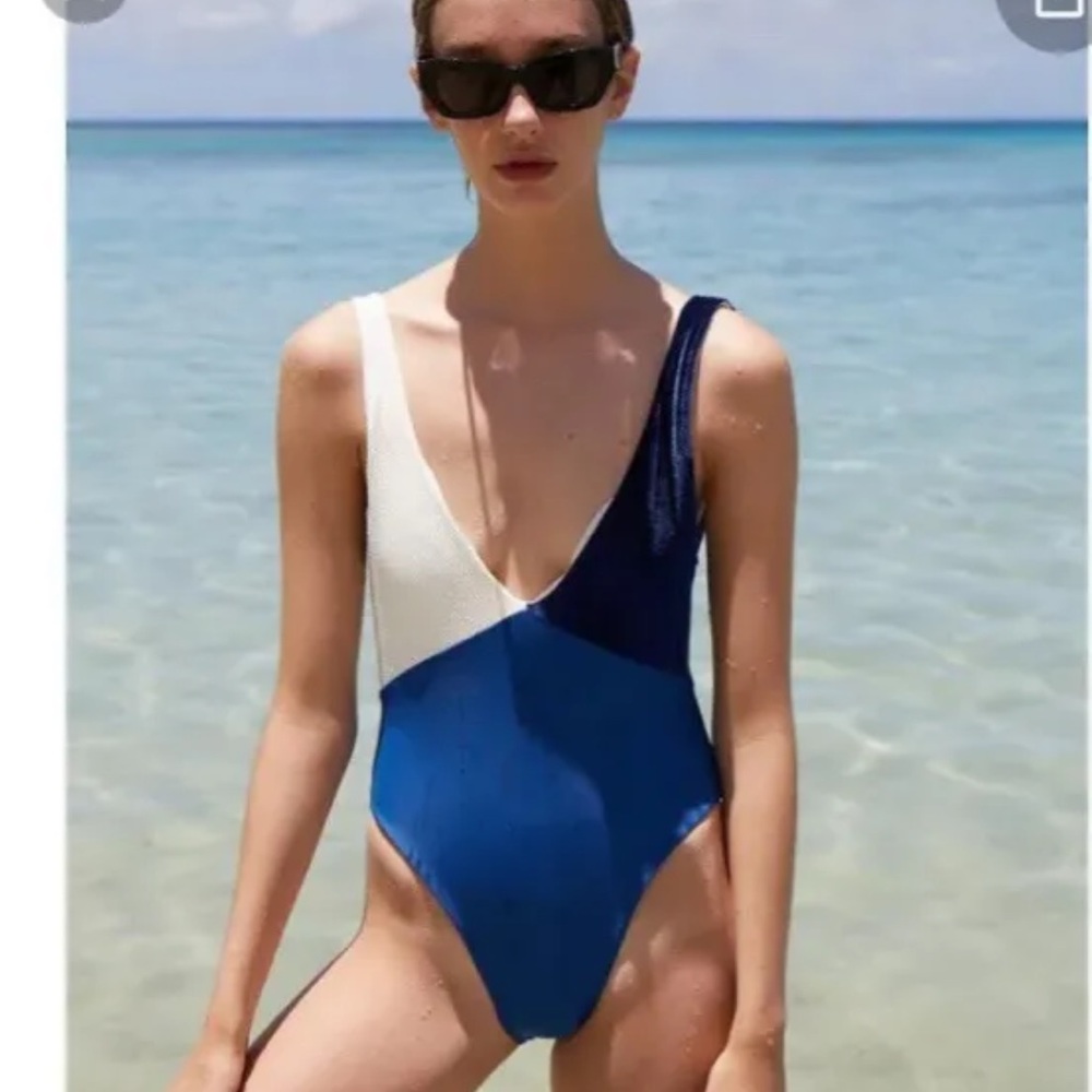 Paper London Corona Two Tone Strappy One Piece Swimsuit Large NWT White Blue